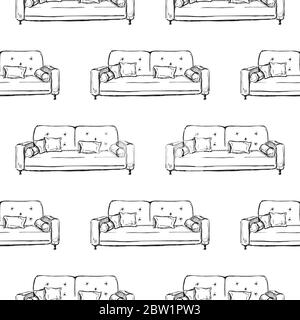Seamless pattern. Sofa, ottoman on a white background. Vector illustration in sketch style. Stock Vector