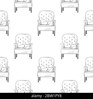 Seamless pattern. Armchair, chair on a white background. Vector illustration in sketch style. Stock Vector