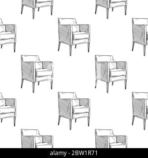 Seamless pattern. Armchair, chair on a white background. Vector illustration in sketch style. Stock Vector
