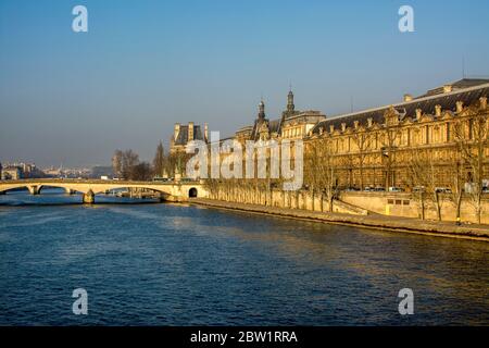 Seine River and Louvre Palace, Palais du Louvre, Paris, Ile-de-France, France Stock Photo