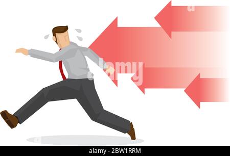Businessman running away from red arrows. Concept of financial crisis or corporate stress. Vector illustration. Stock Vector
