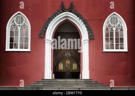 Metallic red church facade. Iglesia de Nuestra Señora de las Mercedes. Grecia, Alajuela province, Costa Rica. Stock Photo