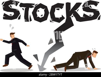 Businessman running away from the downward arrow depicting the concept of stock market loss. Stock financial market crash with a black arrow. Vector i Stock Vector
