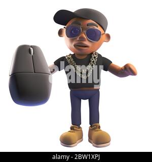 3d black African American hip hop rapper in baseball cap holding a computer mouse, 3d illustration Stock Photo