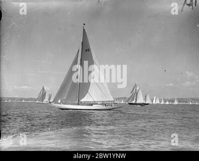 Race for big cruisers at Torquay coronationa regatta. Three hundred and twelve yachts, including one entered by Crown prince Olaf of Norway, are taking part in the International Coronation regatta which has opened at Torquay. The asembly of craft is the biggest in the memory of Torbay Yachtsman. 19 June 1937 Stock Photo