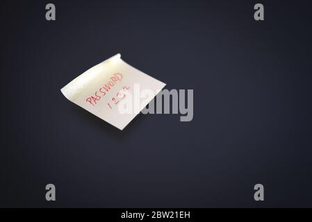 Vulnerable and easy. 1,2,3,4 Most hacked passwords. Protect your password. List of easy passwords. Sticker on black background. Show password Stock Photo