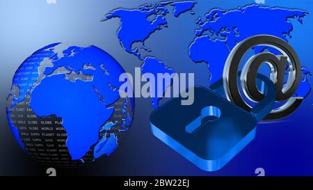 World map and earth globe - at sign with closed padlock - business or internet security concept - illustrated 3D background Stock Photo