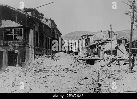 The ebb and flow of war lays Teruel in ruins. A picture just received in London of the southern part of Teruel a mass of ruins and debris as the result of constant air and artillery bombardment. For many weeks, the town has been the centre of a grim struggle between Spanish Government forces and nationalists Captured by the loyalists, Teruel is again the objective of a great Nationalist counter attack which is reported to be meeting with considerable success. 8 February 1938 Stock Photo