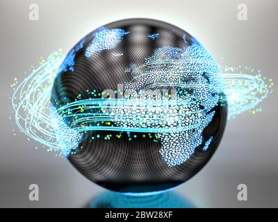 Design of the Earth in glossy plastic material with blue round lines and particles, concept of the internet's data transactions Stock Photo