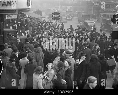 West End shopping rush at its height only a week to Christmas. With Christmas, only a week away the streets of the West End are crammed with shopping crowds. Photo shows, the enormous crowd of shoppers in Oxford Street. 18 December 1937 Stock Photo