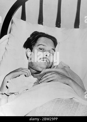Count of Covadonga fights divorce action from sickbed. The count of Covadonga, eldest son of ex-King Alfonso Spain, photographed in bed at Miami, Florida, where he has been waging another desperate battle against haemophilia (excessive bleeding), the scourge of his family. Though he is seen to be greatly weakened by the illness, the council has announced that he will contest the divorce action filed in Havana, Cuba, by his commoner wife, dark eyed Marta Rocafort. 3 November 1937 Stock Photo