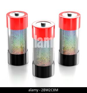 Three batteries made of graphene technology, with colored charging level, isolated on a white background Stock Photo