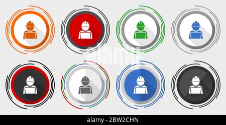 Engineer with laptop vector icon set, worker, manager modern design flat graphic in 8 options for web design and mobile applications Stock Vector