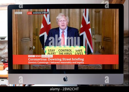 Computer screen TV image of Boris Johnson briefing after Dominic Cummings statement BBC news Downing Street London UK 25 May 2020 Stock Photo