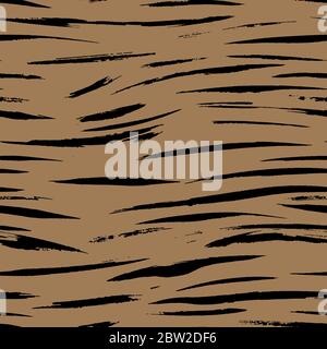 Safari pattern, tiger skin fur print brown seamless background, African wild animal camouflage. Bengal tiger fur print pattern, abstract jungle design with black and brown stripes Stock Vector