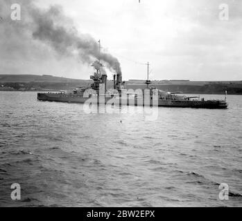Atlantic Fleet Exercises in the Moray Firth. HMS Benbow an Iron Duke-class battleship. 10th October 1928 Stock Photo
