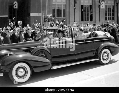 The Royal tour of Canada and the USA by King George VI and Queen Elizabeth , 1939 The King and Queen left Halifax , Nova Scotia on the completion of their Canadian and United States tour during which they covered some 10 , 000 miles . The King and Queen driving in Halifax . Stock Photo