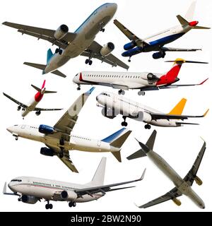 Collage of various passenger airplanes flying isolated on white. Civil aviation concept Stock Photo