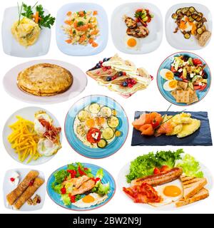 Collage of various breakfast foods on a white background Stock Photo
