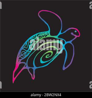 Color gradient illustration of a wise tortoise. Swimming turtle in motion with ornament. Stock Vector