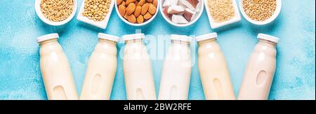 A bottles of alternative  milk and ingredients, top view. Stock Photo