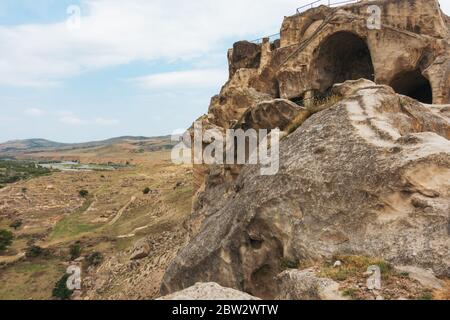 Looking to the Mtkvari River from Uplistsikhe, an ancient rock-hewn town dating back to the Iron Age, near Gori, Georgia Stock Photo