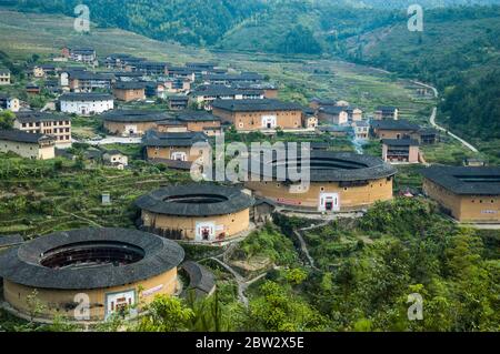 Overview of the Chuxi cluster of tulou  earth buildings in Yongding County, Fujian Province, China Stock Photo