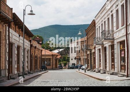 A neatly restored, empty old town street in the city of Gori, Georgia Stock Photo