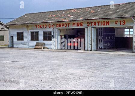 The Tokyo US Army Quartermasters Depot Fire Station No 13, Tokyo, Japan 1955. The Quartermasters Group was part of the US Army's 40th Infantry Division. The 40th Infantry Division ('Sunshine Division') is part of the US Army.  It saw active service in the Korean War (1950–53). After training in Japan, it moved to Korea in January 1952, participating in the battles of Sandbag Castle and Heartbreak Ridge. The division remained in Korea until May 1954. In 1953 their HQ moved to Tokyo, then to Yokohama and finally in October to Camp Zama, southwest of Tokyo. Stock Photo