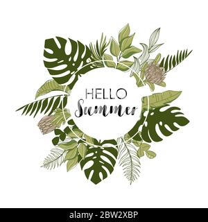 Hello summer. Summer tropical leaves, vector design for banner, flyer, card and other. Stock Vector
