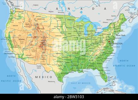 High detailed United States of America physical map with labeling. Stock Vector