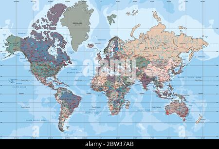 Political World map in Mercator projection. Stock Vector
