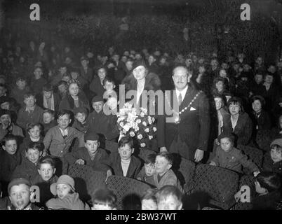 City of Westminster children at Christmas show . Several thousand children of the City of Westminster attended a special Christmas show at the Metropole Cinema , Victoria . Each child was given a parcel . Photo shows ; The Mayor of Westminster and the Mayoress , Councillor F Rudler and Mrs Rudler , with the children in the theatre . 22 December 1933 Stock Photo