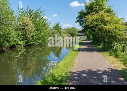 The Birmingham and Fazeley Canal in Nechells, Birmingham close to the Gravelly Hill Interchange also known as Spaghetti Junction Stock Photo
