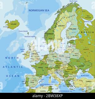 Highly detailed editable political map with separated layers. Europe. Stock Vector