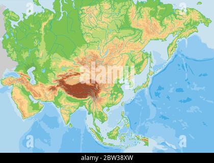 High detailed Asia physical map. Stock Vector