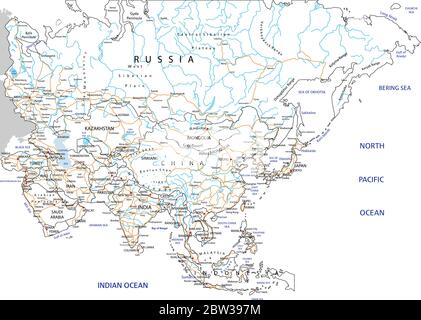 High detailed Asia road map with labeling. Stock Vector