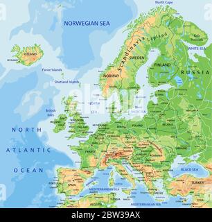 High detailed Europe physical map with labeling. Stock Vector