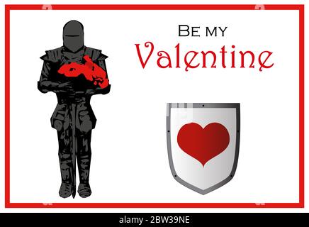 Valentines Day romantic Knight with roses bouquet isolated on white background. Festive red frame with medieval warrior and heart on shield Stock Photo