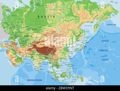High detailed Asia physical map with labeling Stock Vector