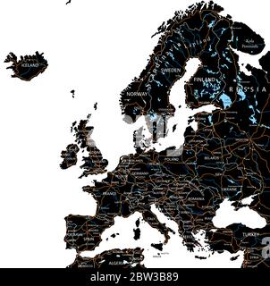 High detailed Europe road map with labeling - Black.(clearly labeled on separated layers) Stock Vector