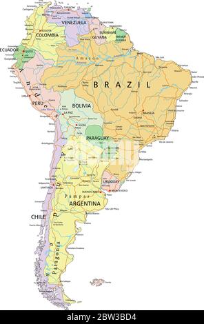 South America - Highly detailed editable political map with separated layers. Stock Vector