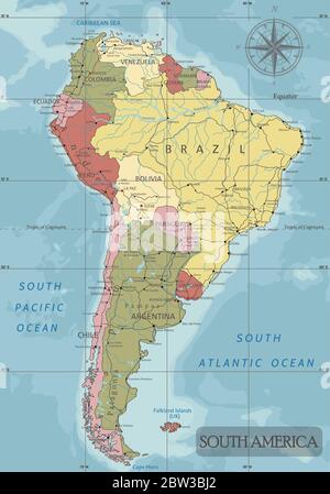 South America - Highly detailed editable political map with separated layers. Stock Vector