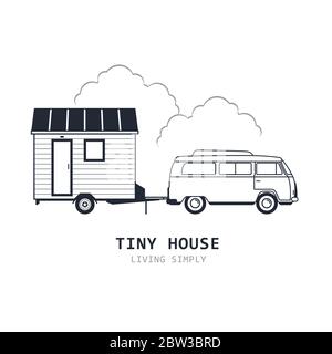 Tiny house on wheels - minivan and trailer hovel, traveling hut or cabin and suv Stock Vector