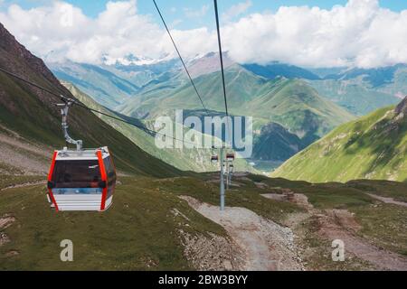 Summer views of Caucasus landscapes from the 7.5km Kobi-Gudauri cable car, connecting Kobi and Gudauri ski resorts. Opened Jan 2019, Poma equipment Stock Photo