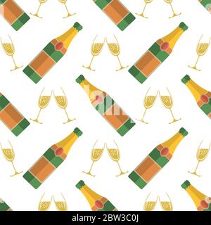Champagne Bottle Seamless Pattern. Happy New Year. Lets Celebrate. Cheers. Alcoholic Fizzy Drink. Congratulations. Stock Vector