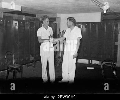 American tennis player , Henry Ellsworth Vines ( left ) wins the World Professional Championship at Wembley defeating fellow American , Bill Tilden ( right ) . 24 November 1934 Stock Photo