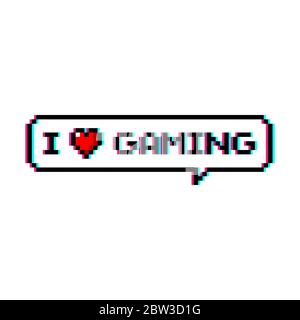 Pixel art 8-bit speech bubble saying i love games with heart icon - isolated vector illustration Stock Vector