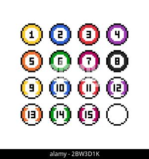 Pixel art 8-bit style multicolor billiard balls set - isolated vector illustration Stock Vector