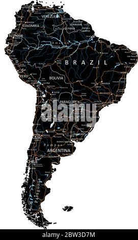 High detailed South America road map with labeling - Black. (clearly labeled on separated layers) Stock Vector